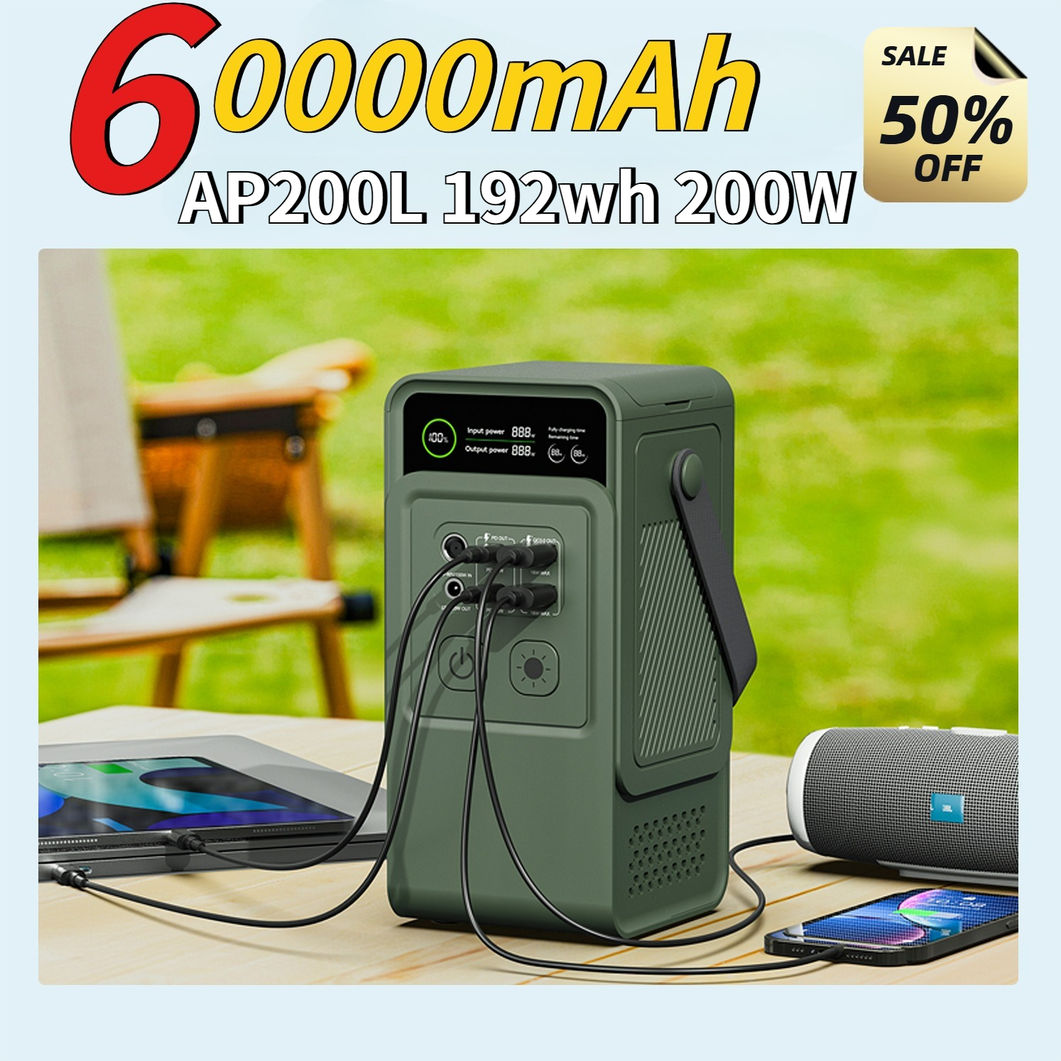 Outdoor Power Source - 60000mAh 200W 192Wh Camping Power Station